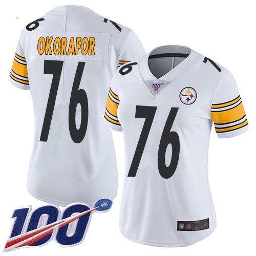 Women Pittsburgh Steelers Football #76 Limited White Chukwuma Okorafor Road 100th Season Vapor Untouchable Nike NFL Jersey